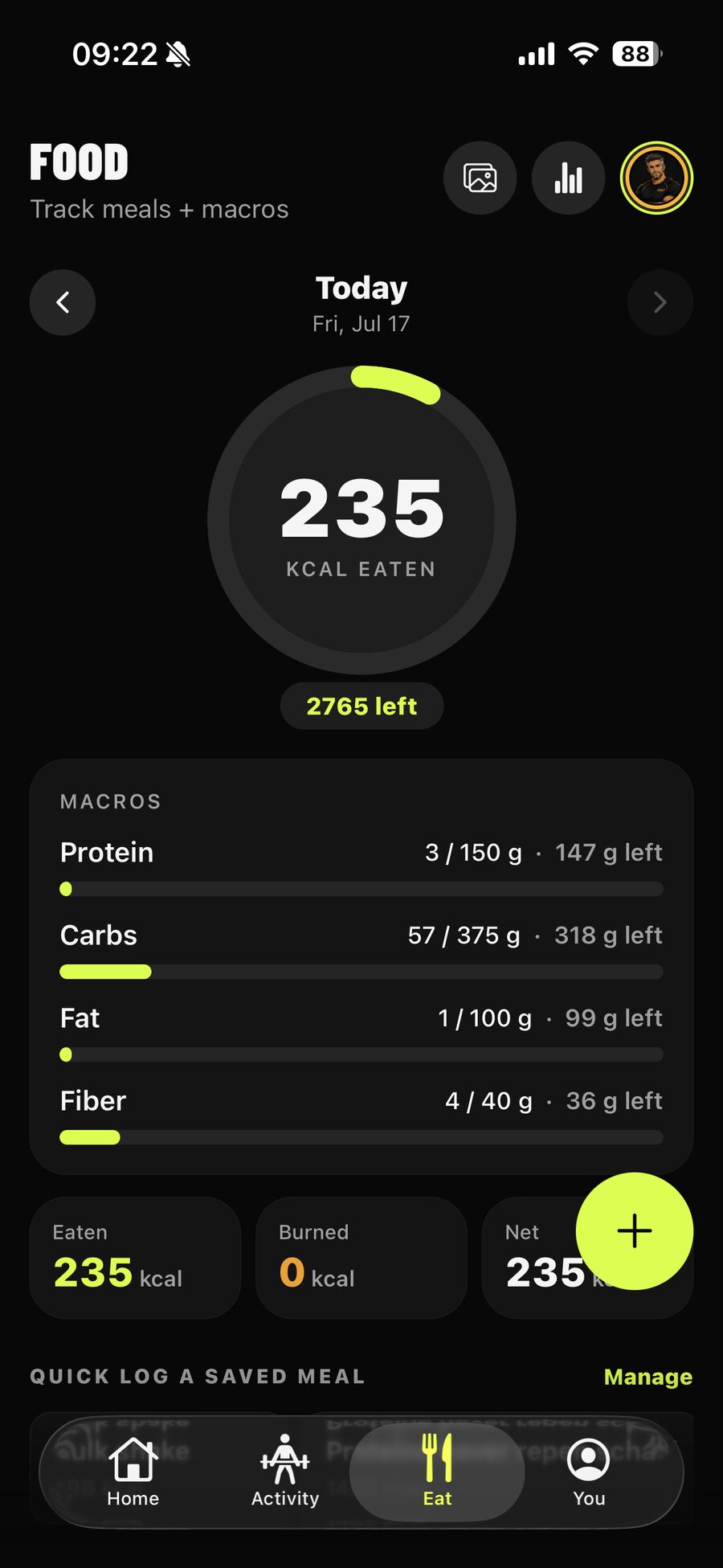 The Eat tab with the calorie ring and macro bars