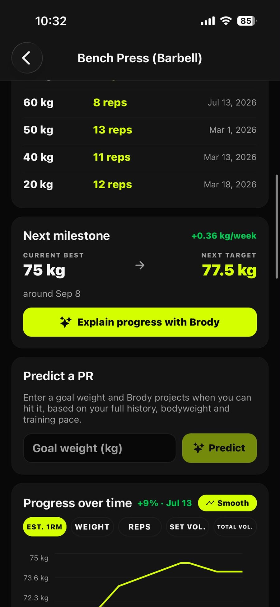 Next-PR projection on the exercise screen