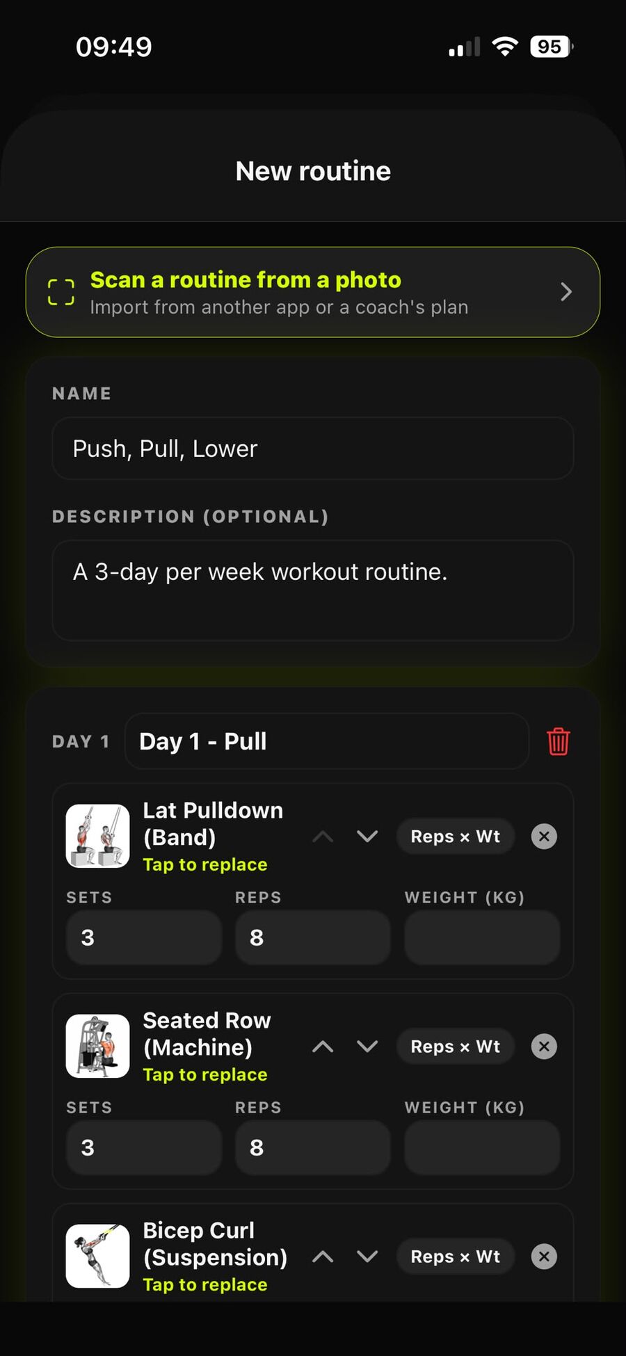 A scanned routine filled into the Rep N Prep routine builder