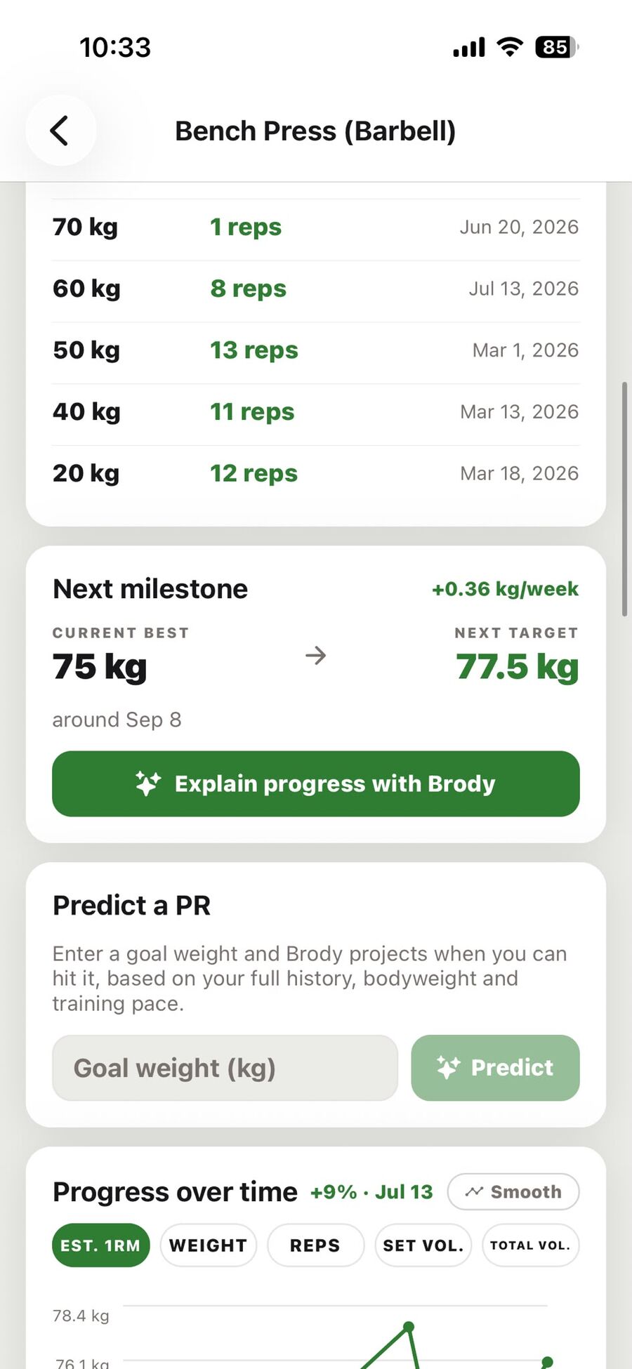Next-PR projection on the exercise screen