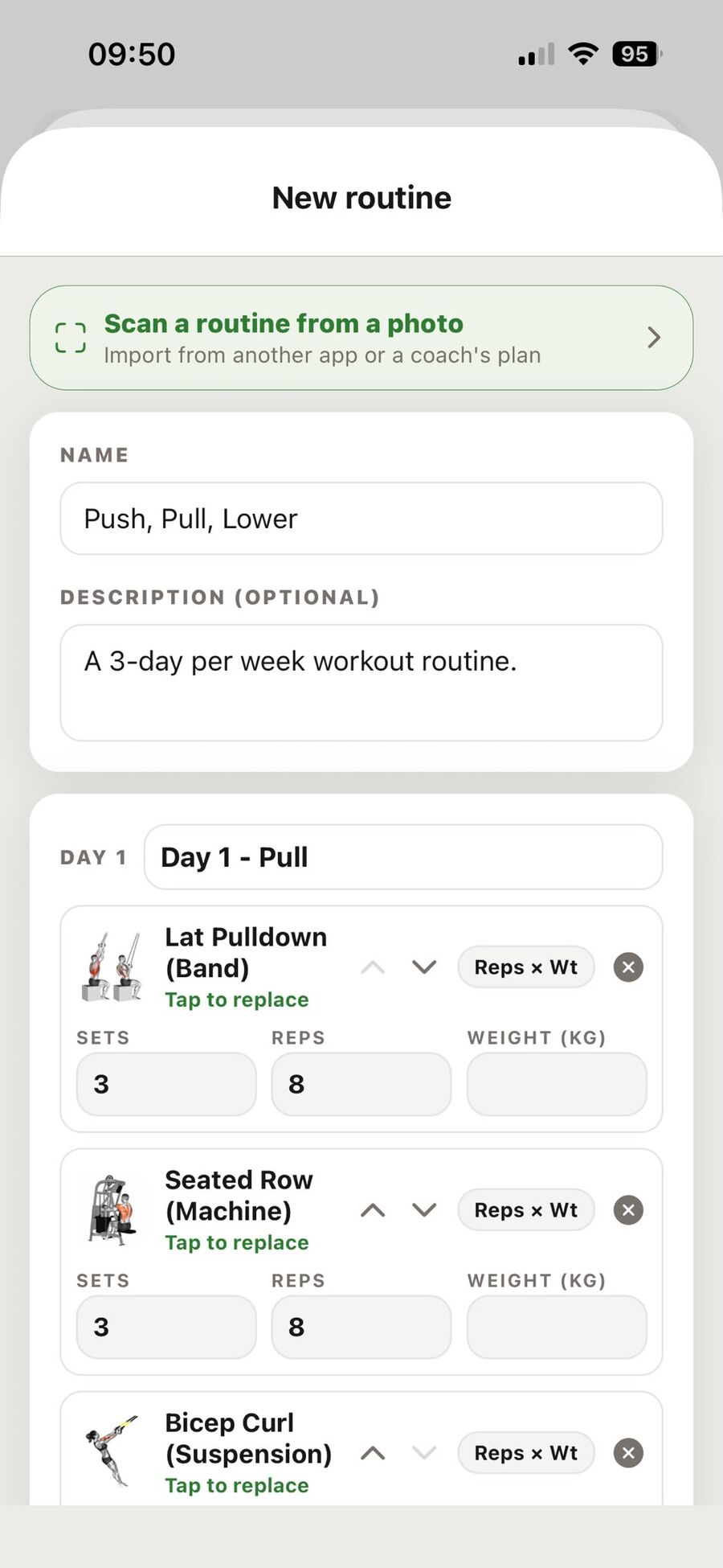 A scanned routine filled into the Rep N Prep routine builder
